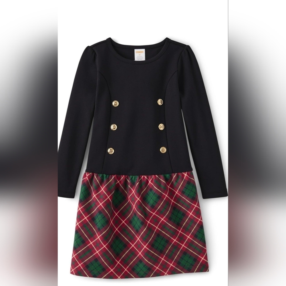 Gymboree Black Top Dress with Red and Green Plaid Skirt and Gold Buttons